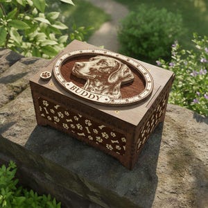 Puede incluir: Una caja conmemorativa de madera para mascotas con un retrato de perro cortado con láser y el nombre "Buddy". La caja marrón tiene recortes de huellas de patas y huesos. Un pequeño botón con huella de pata está en la esquina superior izquierda.