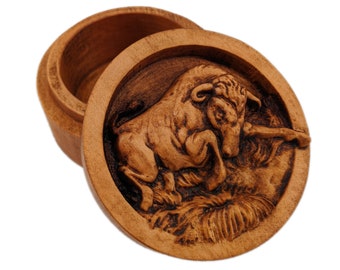 Taurus Bull Carved Wooden Keepsake Box