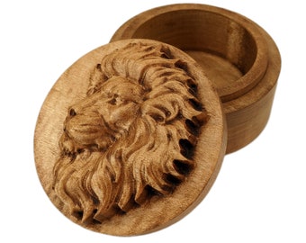 Lion Side Profile Carved Wood Round Box