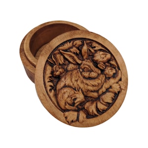 Rabbit Carved Wood Round Keepsake Box