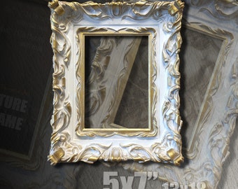 Elegant 5x7 White Gold Wood Picture Frame, 13x18 cm - Ornate Photo Frame