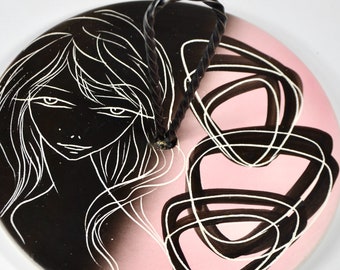 Mid Century Vallauris Cheese plate FRANÇOIS RÉ, Sgraffito pottery plate with girl’s face 1950s