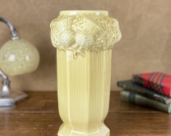 French art deco vase in opaline glass, 1930s yellow cased glass vase moulded with thistles