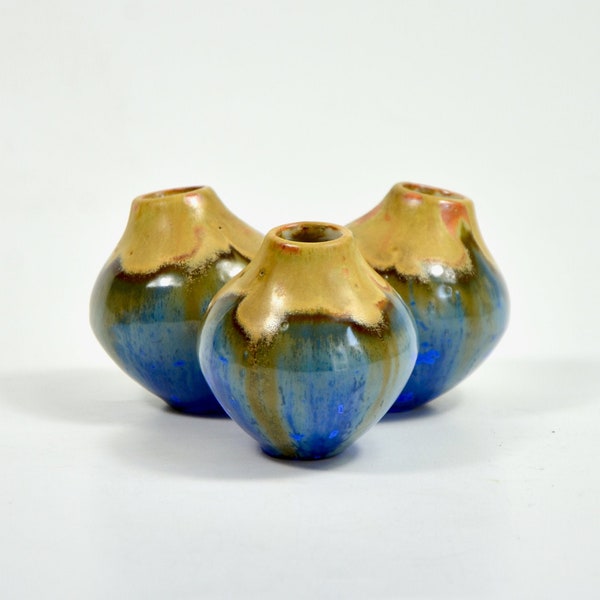 Art Deco 3 globe vase, miniature vase, flammé glaze, French pottery bud vase, 1930s solifleur