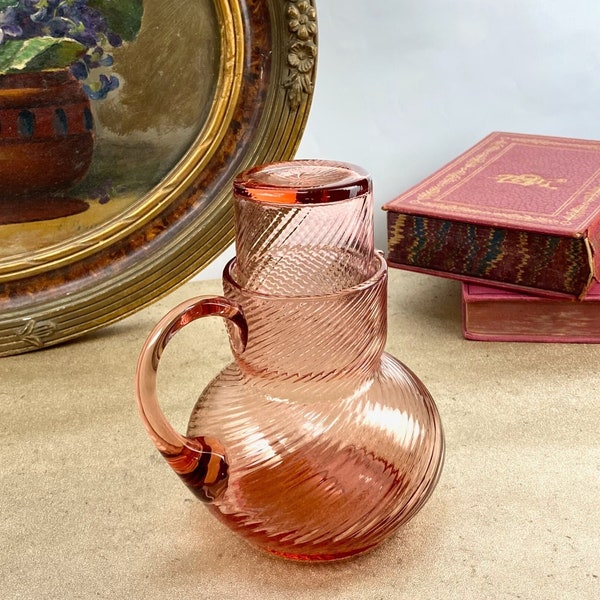 Antique bonne nuit set in peach blown glass, 19thc nighttime carafe and tumbler, bedside water service 1800s