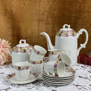 Vintage Limoges porcelain coffee service for 6 people,  UC Limoges 15 piece tea set early 20th century, rosebuds