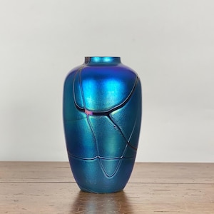 Large blue iridescent glass vase by French glass artist Alice Giraud, Vintage Art Nouveau style vase