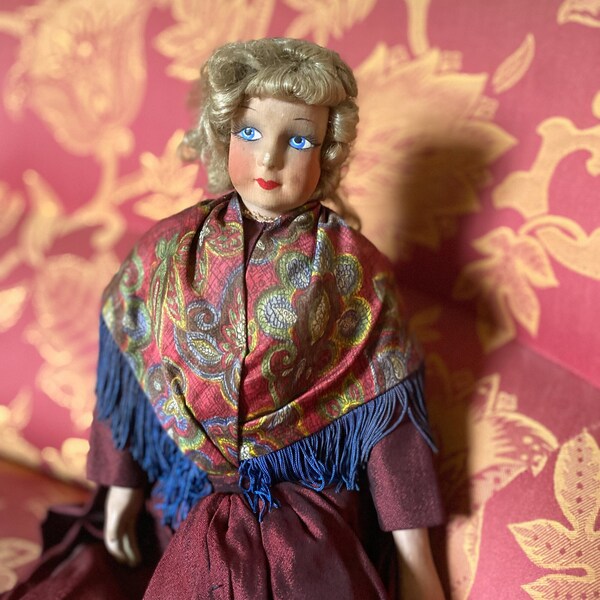 Antique French boudoir doll, charming 1930 bed doll with painted cloth face and original clothes, shabby doll decor