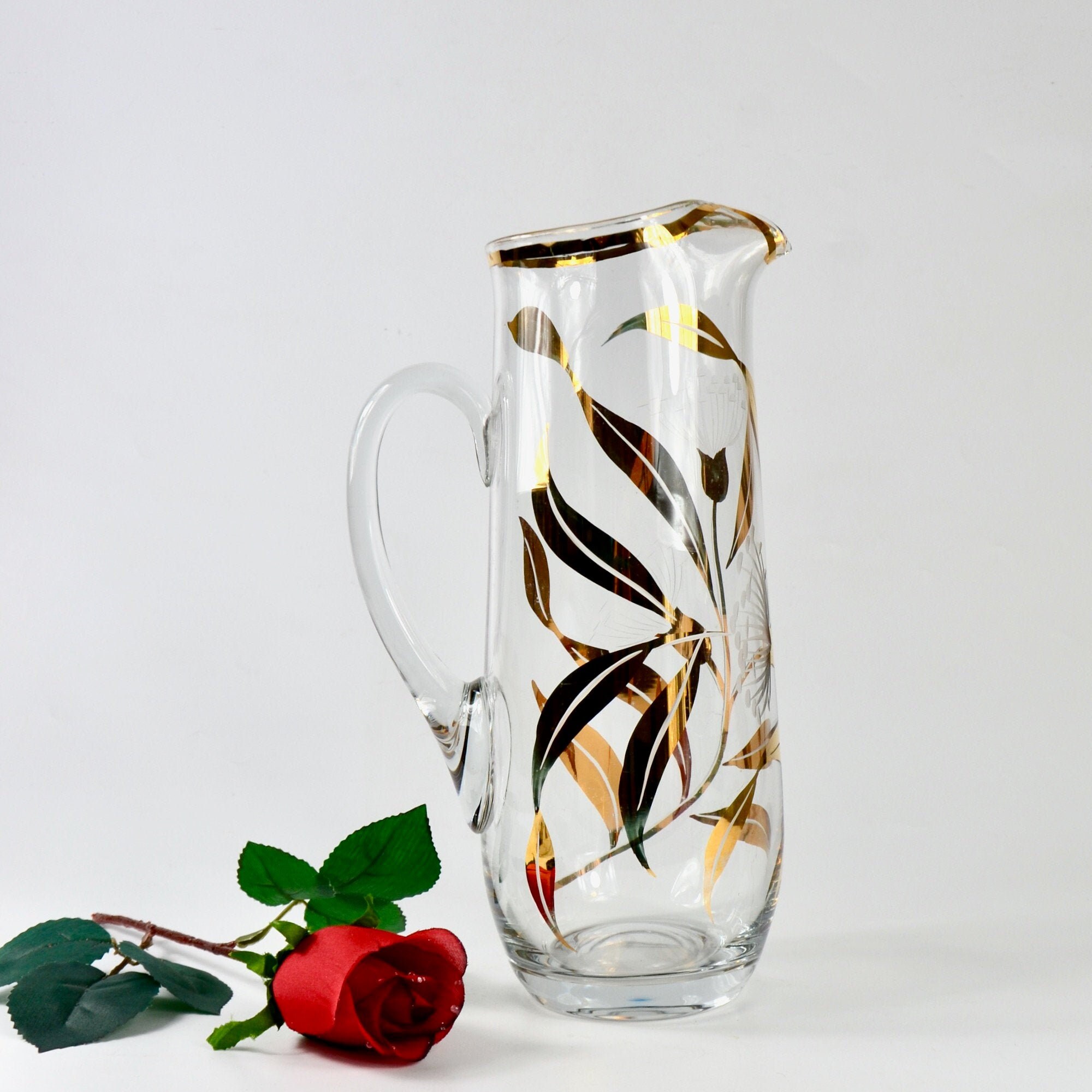 Hollywood Regency Pitcher 1950S Gravé Cristal Or Décor Limonade Jug Md Siècle