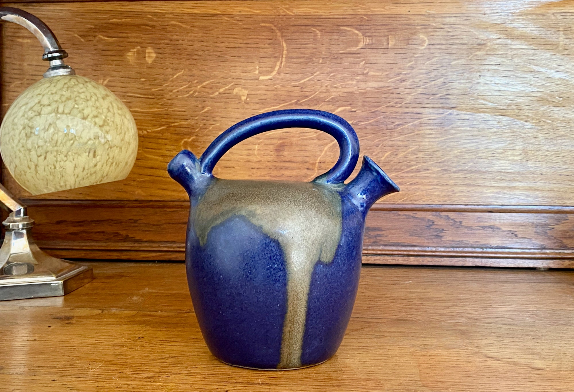 LEON POINTU art deco gourd vase, cobalt blue glazed stoneware pottery vase, 1920s French art pottery