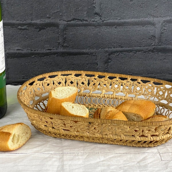 Vintage Franse rieten broodmand, handgemaakte geweven mand, rustiek decor, landelijke keuken