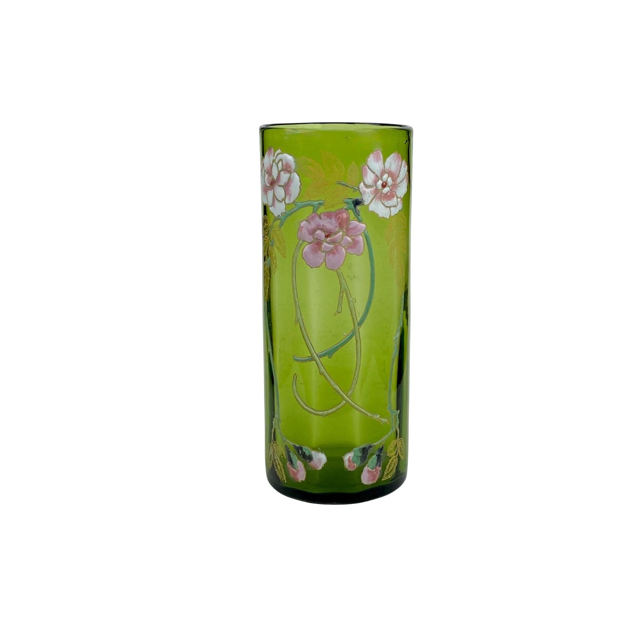 Art nouveau enamelled glass vase Legras ?, green with pink carnations, French antique vase c1900