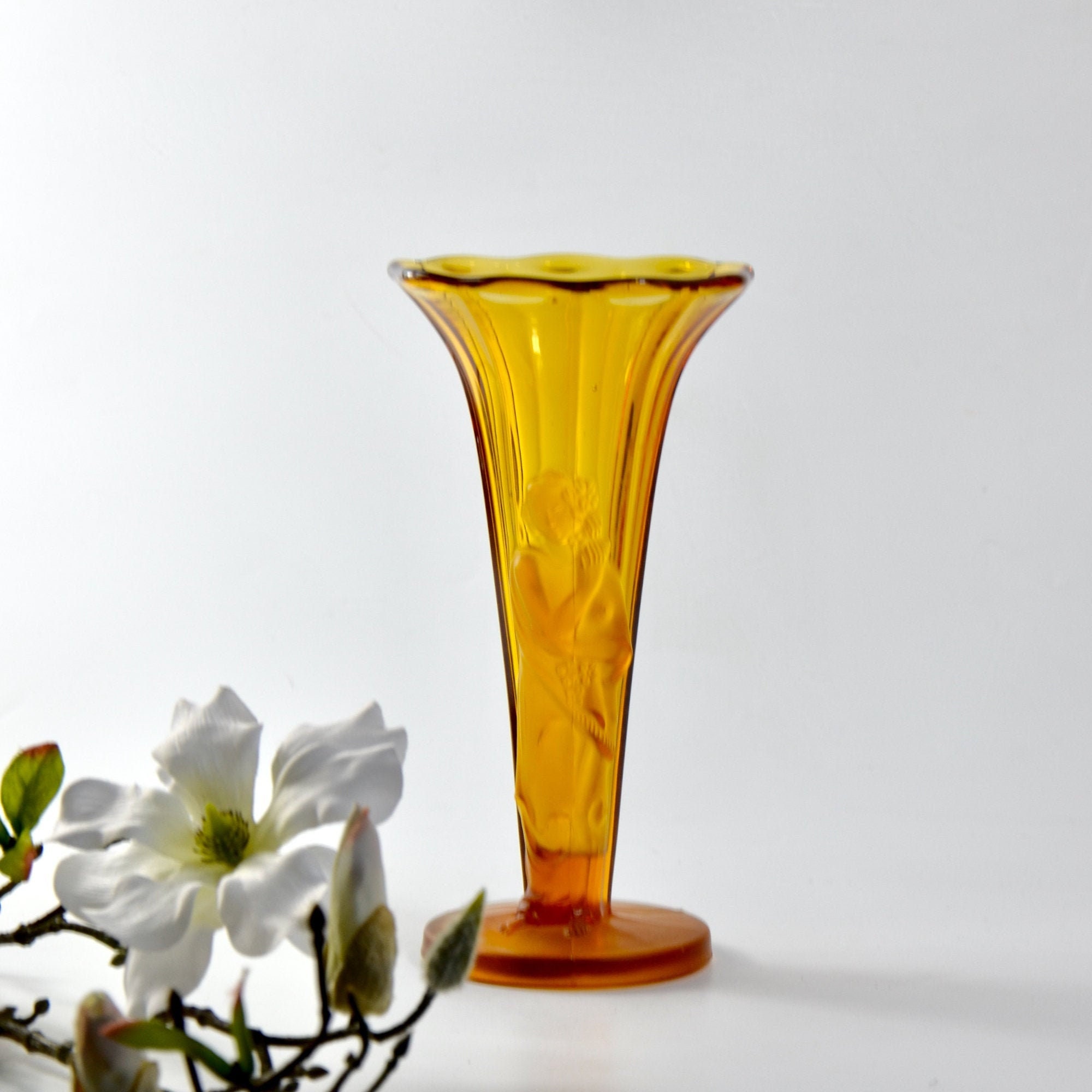 Vase en Verre Ambré Nu Art Déco/Verre Tchèque Boho 1930