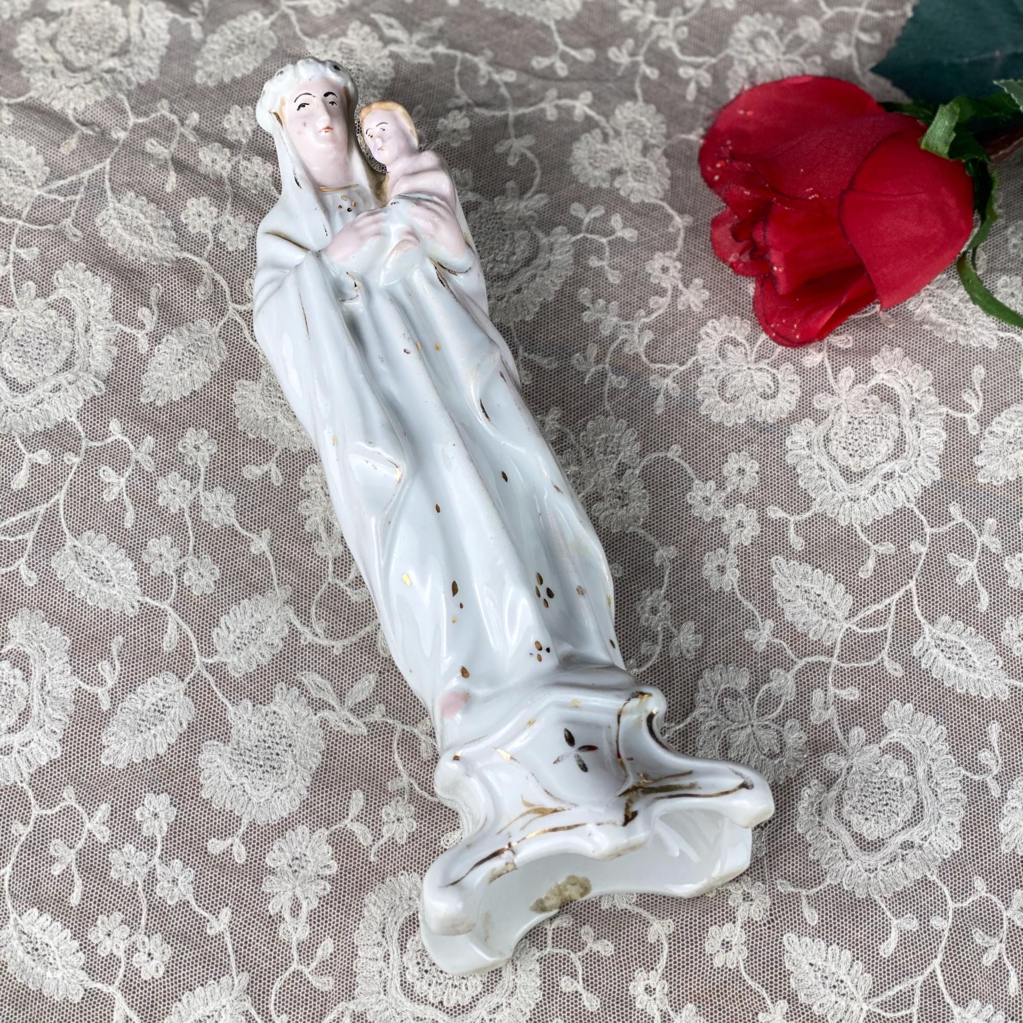 Antique 1900 Porcelain Madonna Bisque Statue Virgin Mary Infant Jesus 9 ...