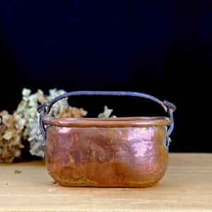 May include: A small, oval-shaped copper pot with a hammered finish and a leather handle. The pot is sitting on a brown surface.