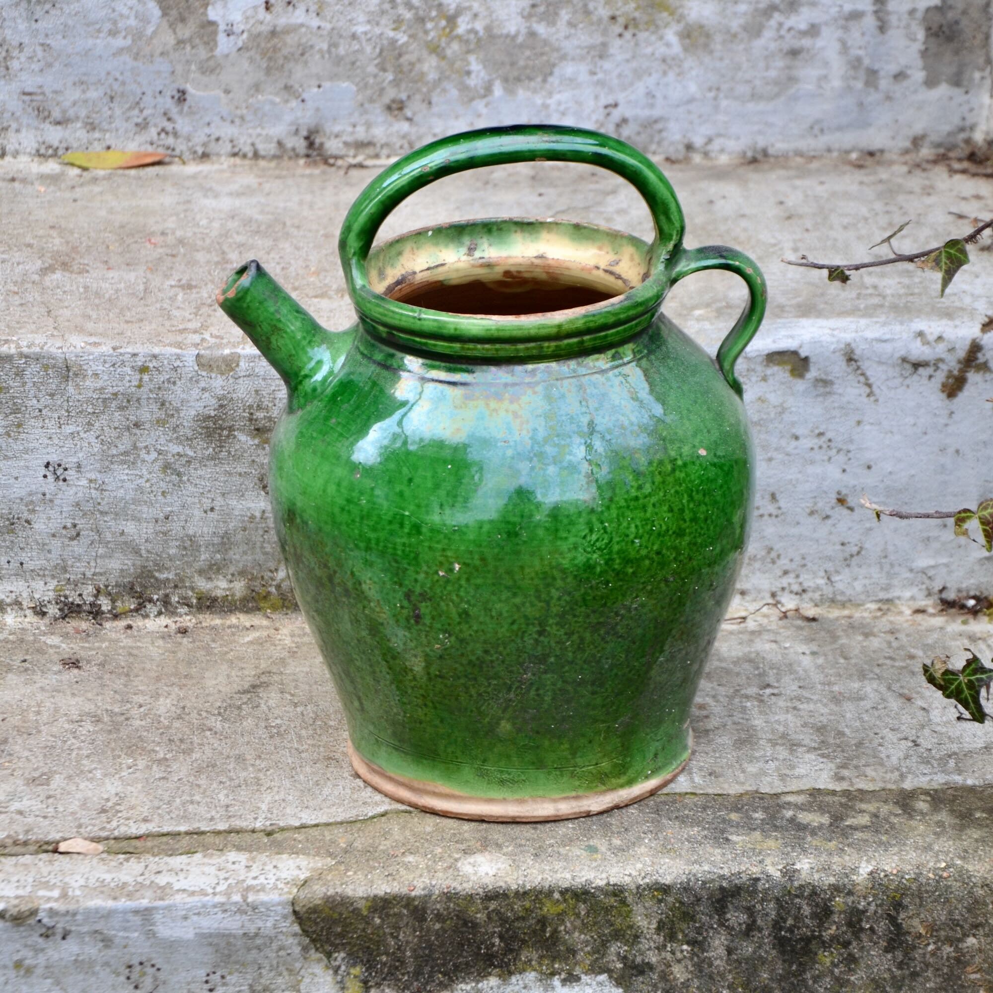 Grande Français Gargoulette en Terre Cuite, Pot Confit avec Glaçure Verte Goutte à Goutte, Décor Pro