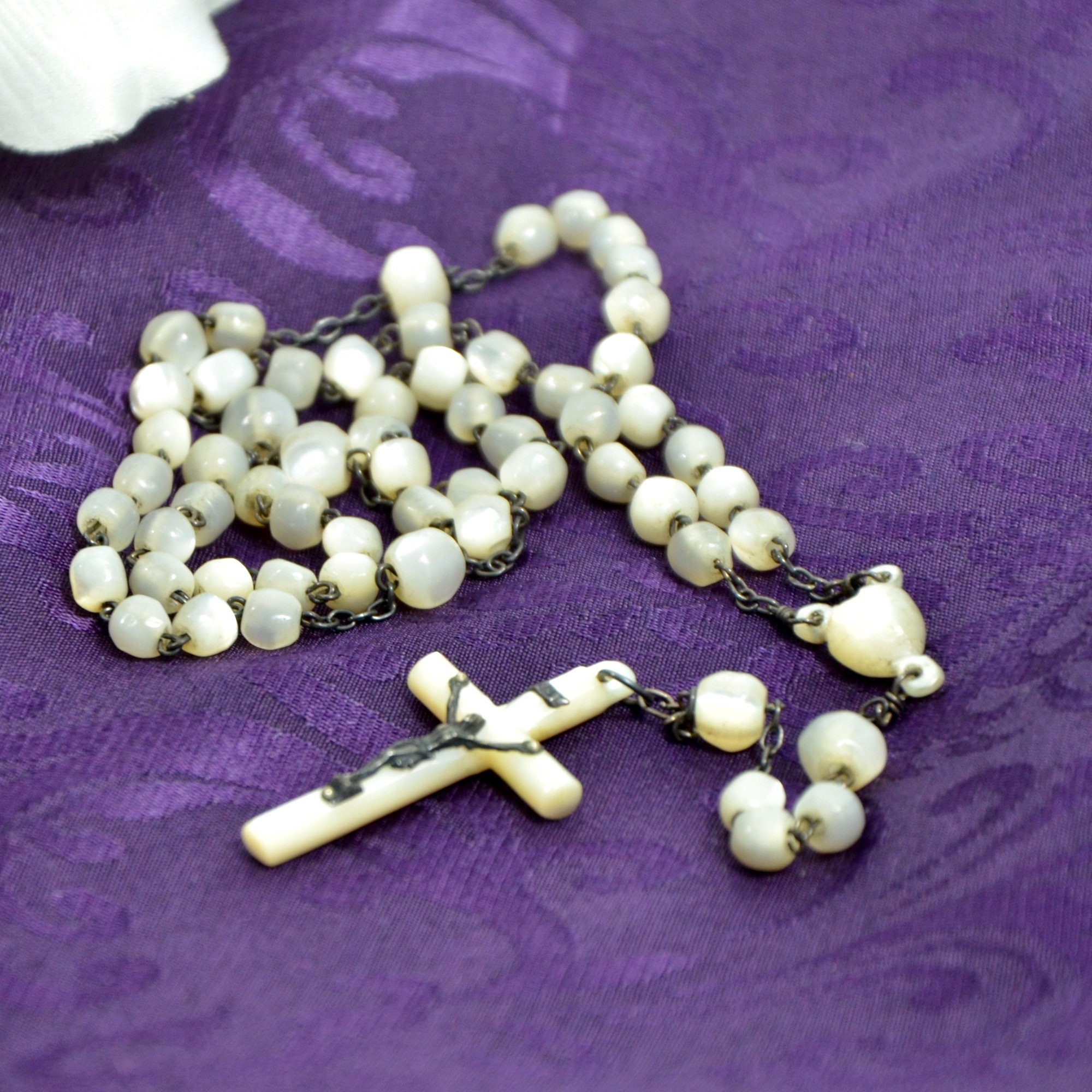 Rosaire Antique de Nacre et d'argent 15 - Rosaire Français Des Années 1930 Perlé Adulte Perles Prièr