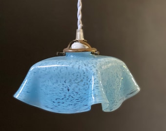 Vintage Art Deco light in blue marbled glass, Clichy glass light, square pendant light 1920s