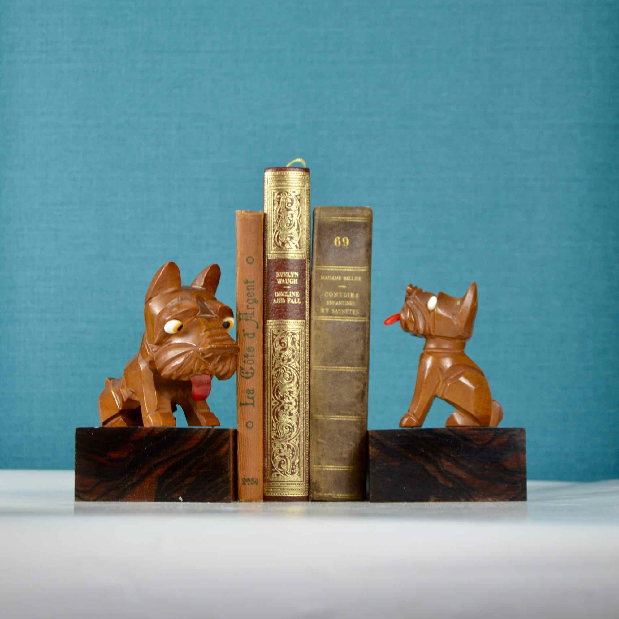 Ensemble de Serre-Livres Art Déco Vintage Sculptés Comme Scottie Dogs, Décor Bureau, Idée Cadeau Pou