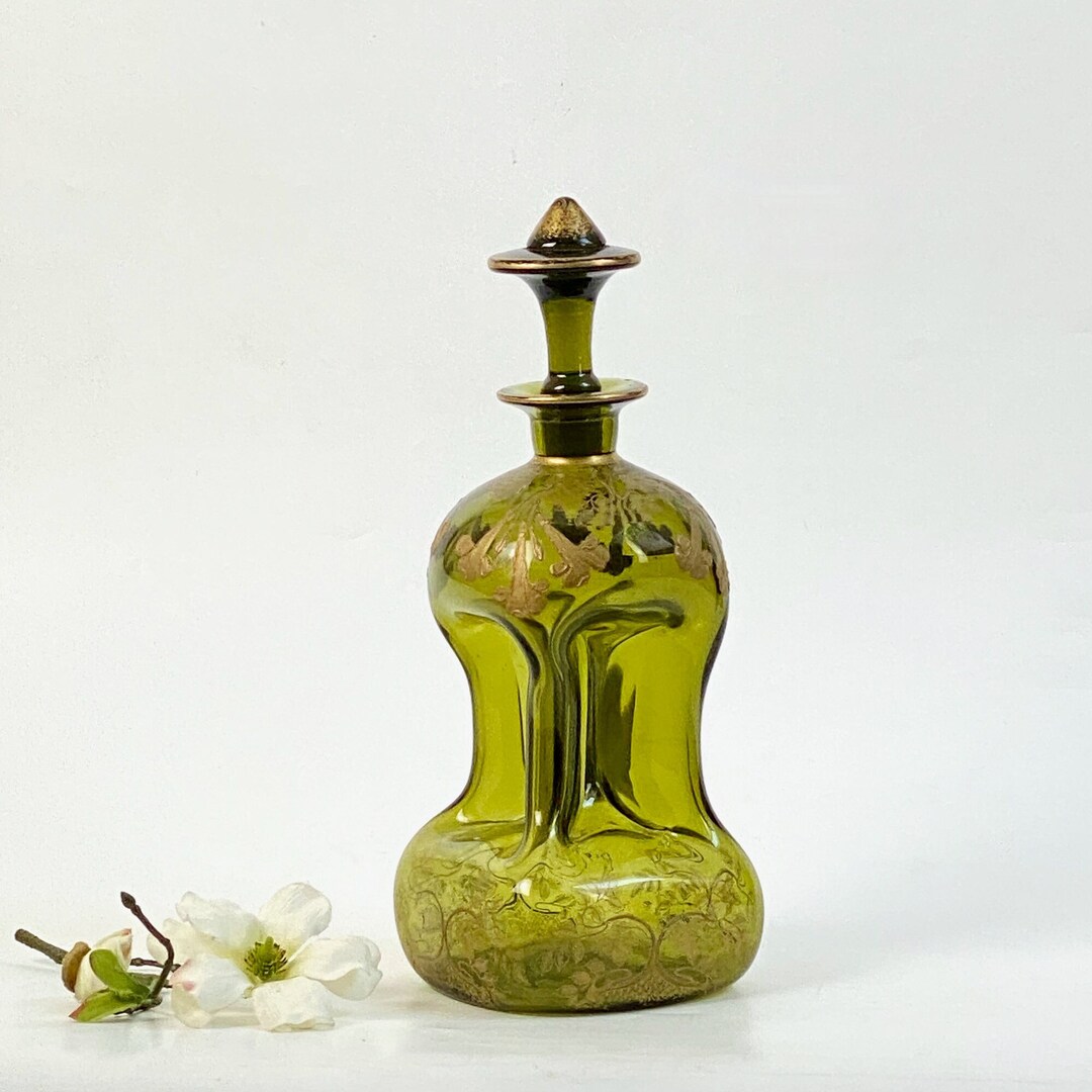 Art Nouveau Gold Overlay Dimpled Decanter, Bohemian Glass Spirit