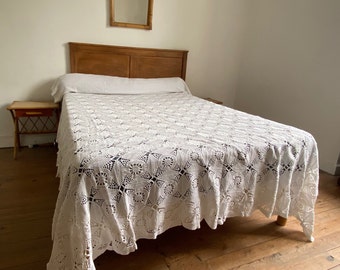 Vintage French bedspread, white crochet bed cover, hand made sofa throw, couch drape