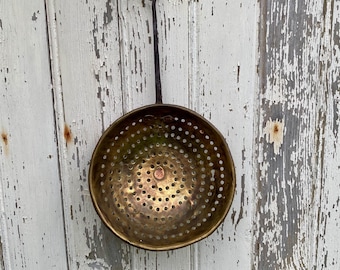 Patinated copper colander sieve with cast iron handle and patina 1800s, French farmhouse decor