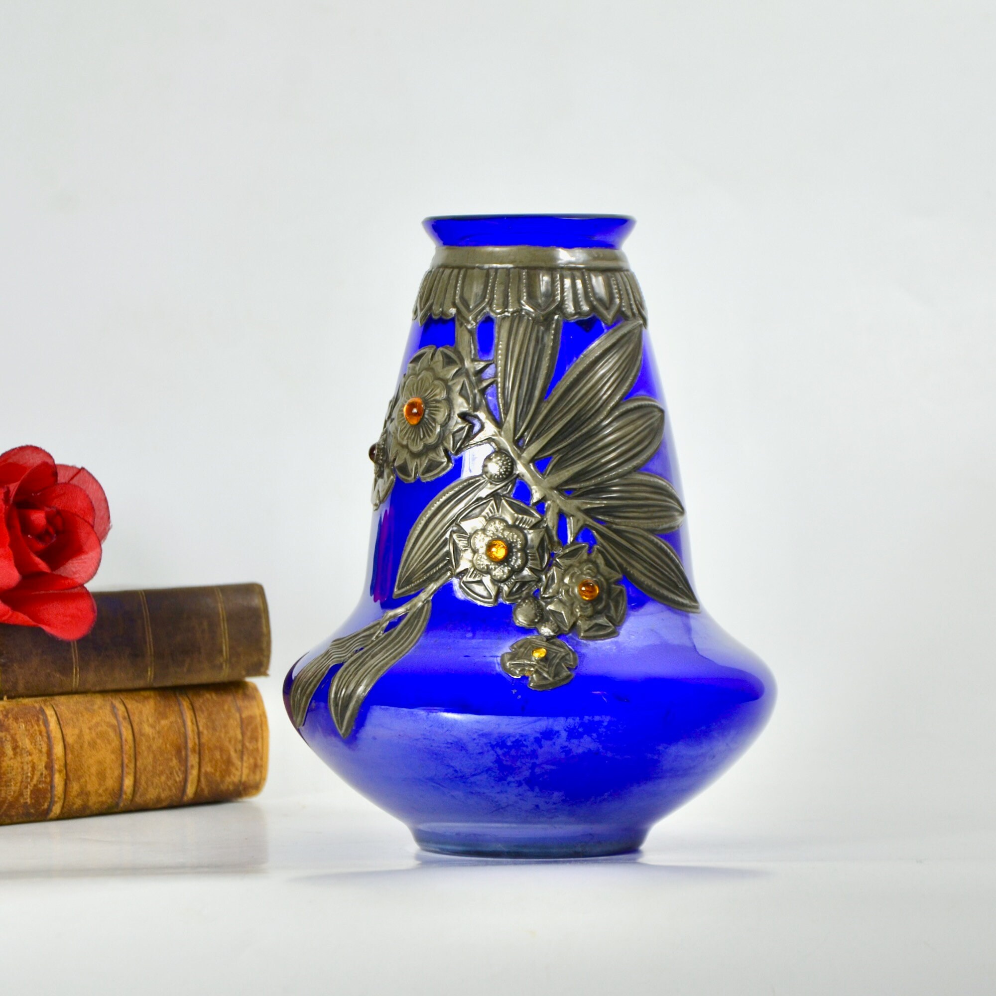 Verre Art Déco Bleu Cobalt avec Étain et Bijoux en Verre, Français Vase Verre Vintage Des Années 192