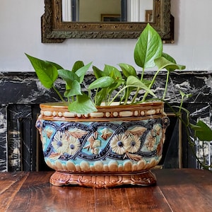 Antique French Majolica Jardiniere, large 1800s barbotine cachepot, ceramic indoor planter