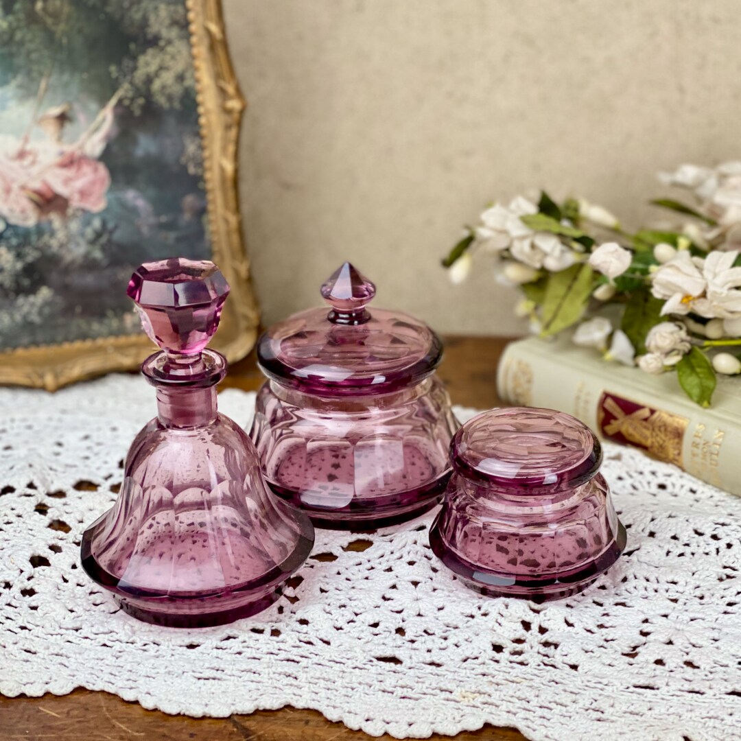 3 Piece Antique Vanity Set in Amethyst Cut Glass C1900s, Purple Hand