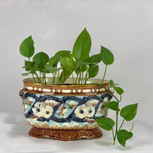 May include: An oval ceramic planter with a blue and brown floral design. The planter has a raised rim and a decorative base. It is filled with green leafy plants.