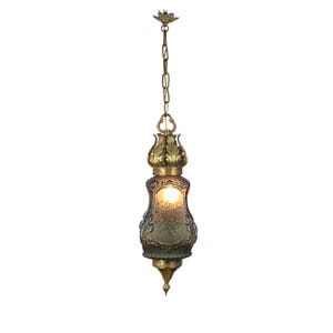 XL Antique Ceiling Light With Opaque Glass Shade And Bronze Mount, Gothic hanging lantern, 19thc Spanish baroque light