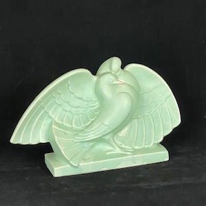 LE JAN French Art Deco statuette of doves, Signed 1930s ceramic animal figure in celadon green