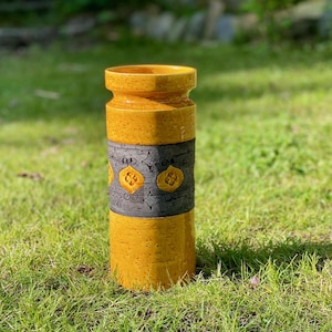 Mid century Bitossi Italian ceramic vase, Vintage Moresco vase in mustard yellow with sgraffito decor 1960s 1970s
