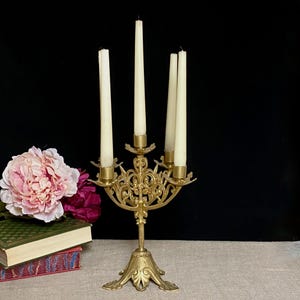 Antique French church candelabra, gilt bronze candle holder with 5 branches, ecclesiastical candlestick