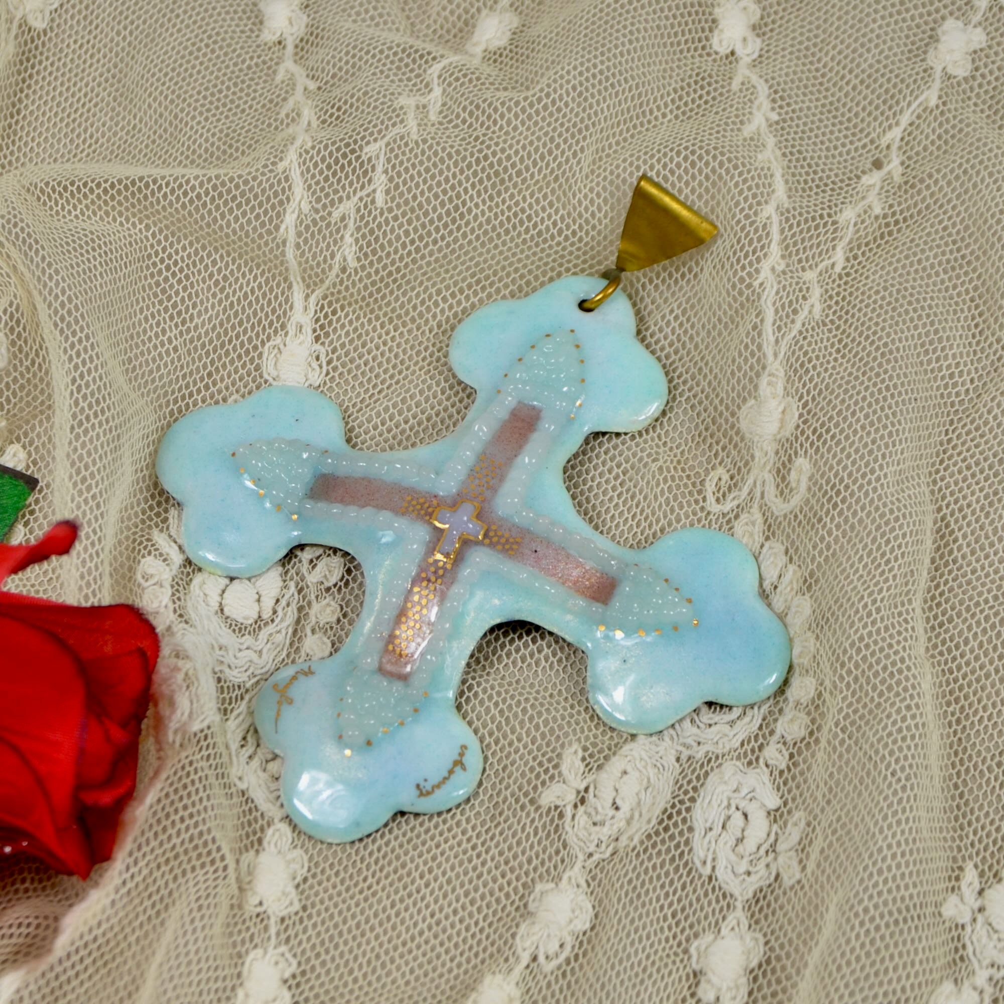 Français Croix Berceau en Émail de Limoges, Croix Murale, Chrétienne Vintage Bleu Pâle, Bébé, Cadeau