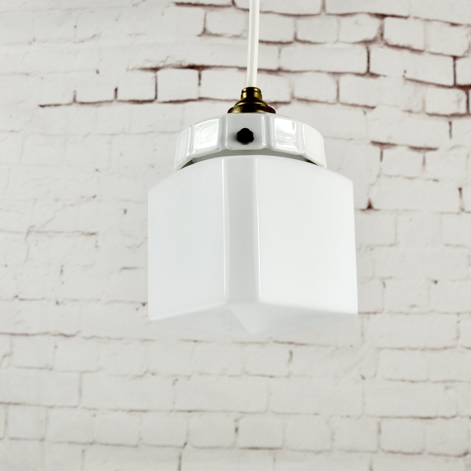 Suspension Déco Opaline, Lampe Suspendue Cube, Montage en Porcelaine 1920 1930