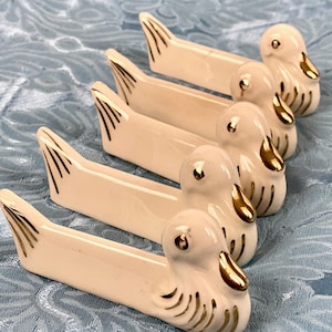 Set of 6 Vintage knife rests in the shape of ducks, SIX French animal cutlery rests in white and gold porcelain, art deco tableware