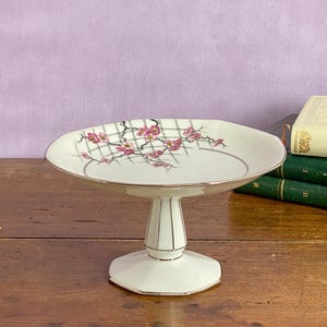 Vintage Limoges porcelain cake stand with cherry blossom 1930s, French compotier, art deco footed plate by Boisbertrand et Theilloud