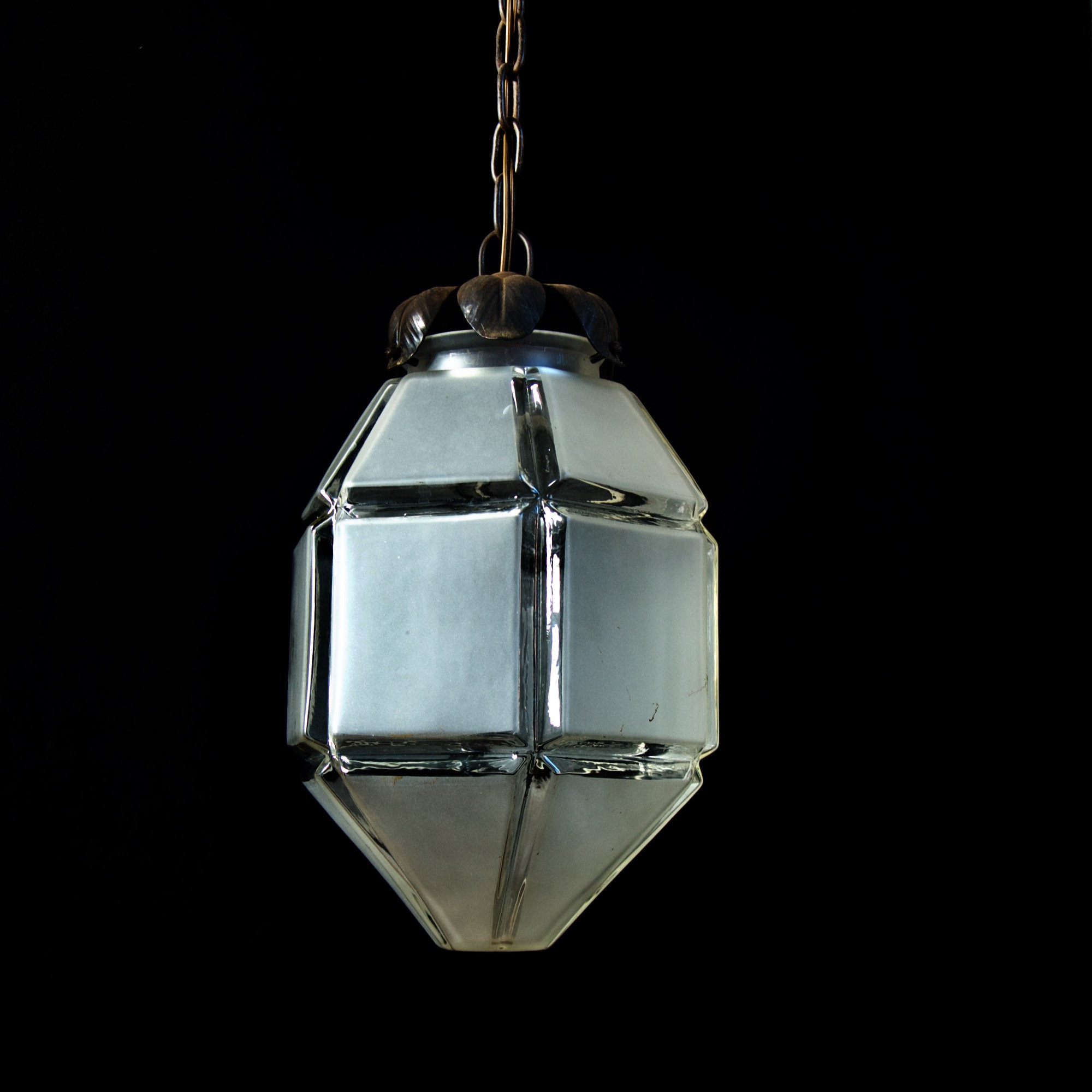 Grande Français Lumière de Plafond Art Déco - Fer Forgé, Ombre Gratte-Ciel Verre Givré Pendentif Lan