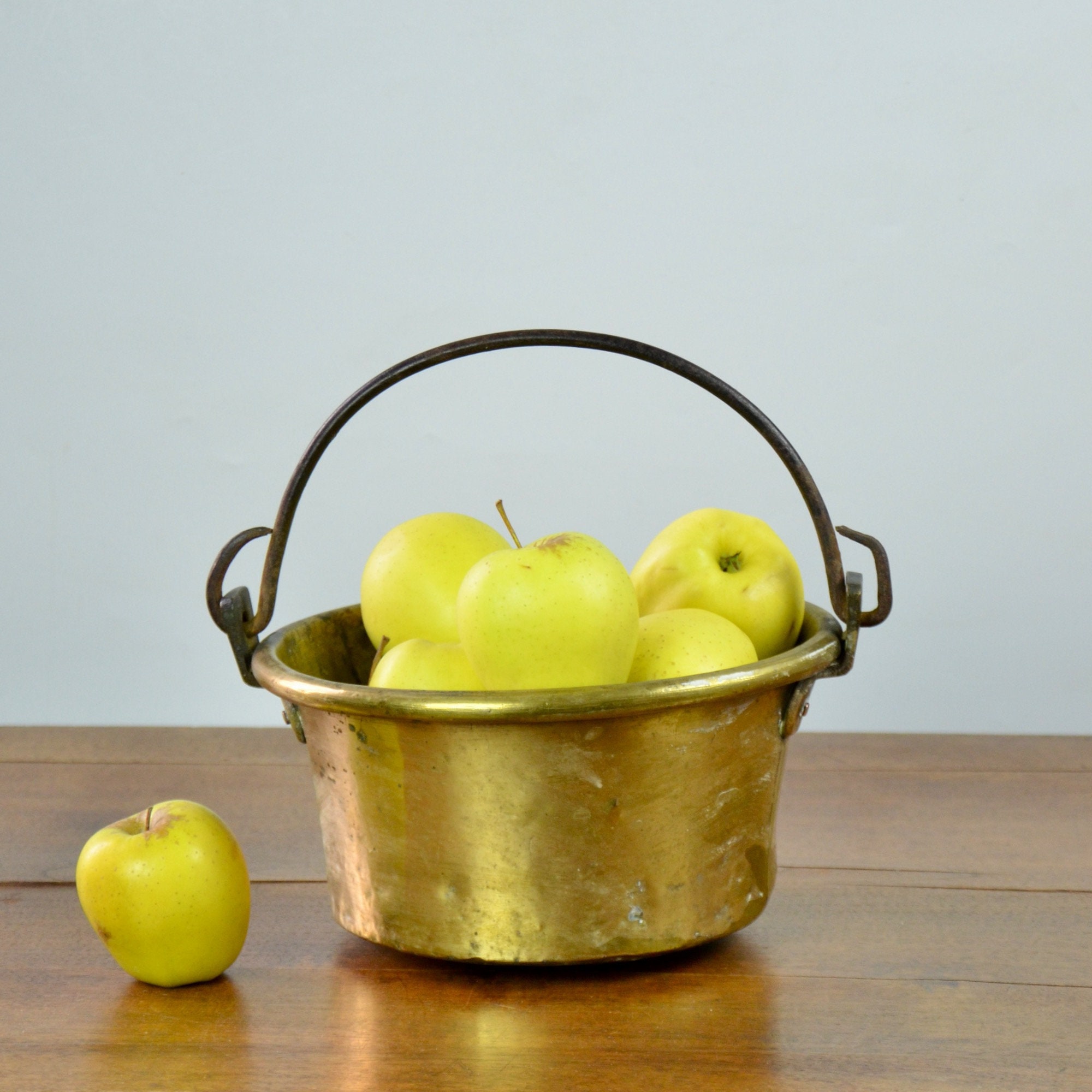 Français Plaque de Confiture Gelée en Laiton Antique, Dessus Roulé, Poignée Fonte, Casserole Du 19Èm