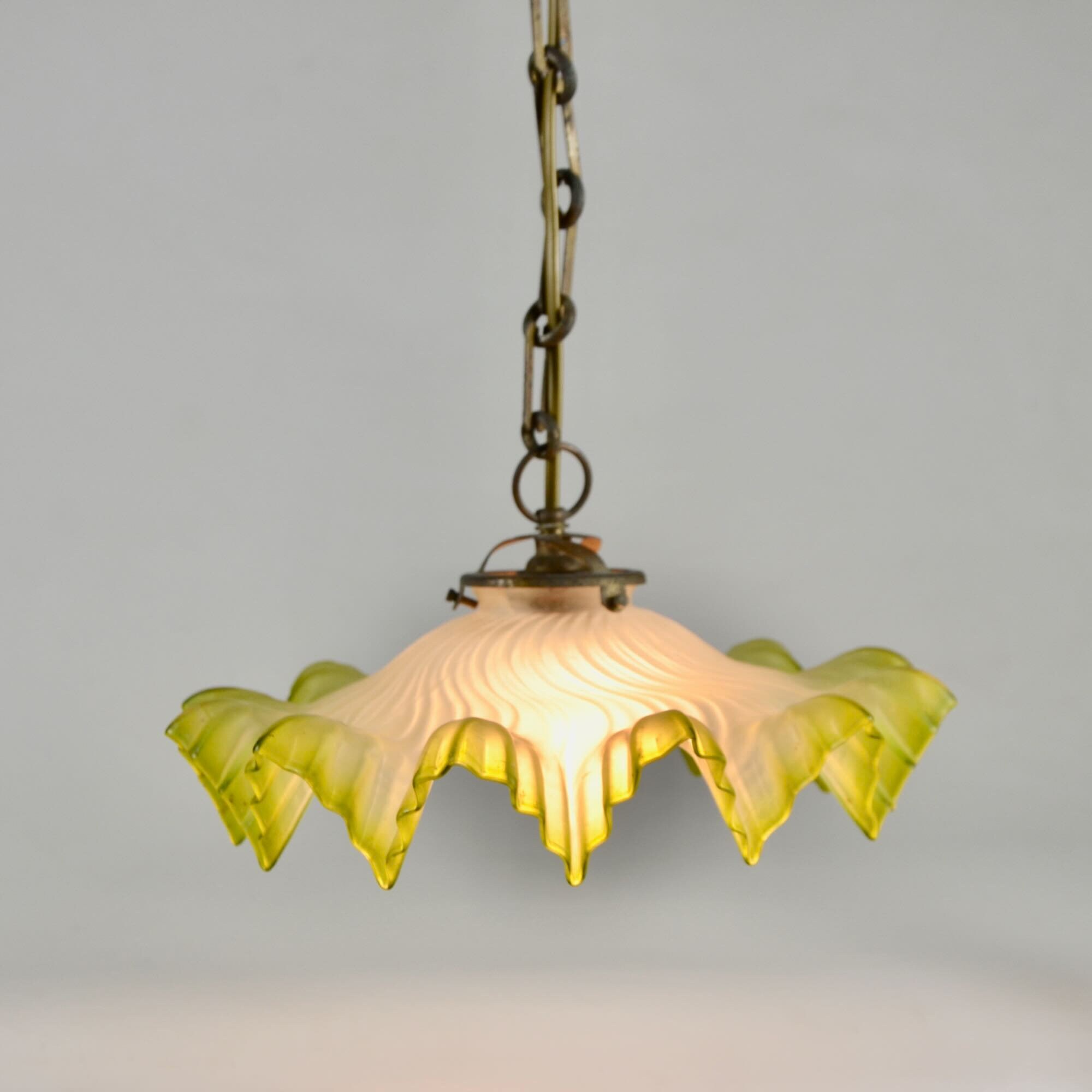 Luminaire en Verre à Fleurs Vintage Français, Années 1920 1930, Lumière Vert, Style Français Champêt