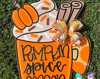 Pumpkin Spice Latte Door Hanger - Spooky Season, happy halloween, fall door decor, fall door hanger, autumn decor, pumpkin decor, porch sign
