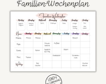 Familien-Wochenplan für 3-6 Personen zum Ausdrucken als Sofort-Download (PDF)