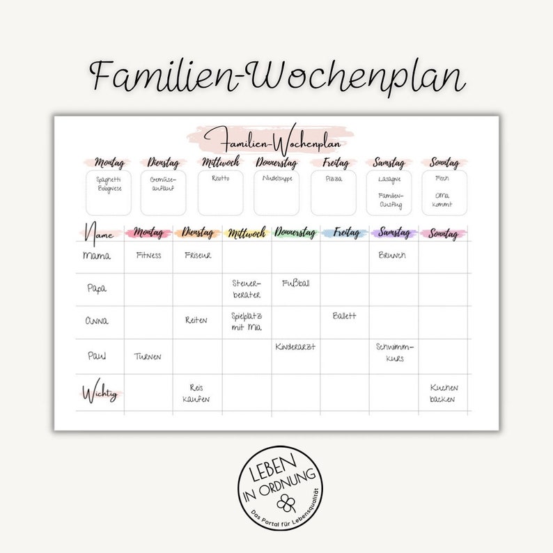 Familien-Wochenplan für 3-6 Personen zum Ausdrucken als Sofort-Download