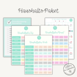 Könnte beinhalten: Ein druckbarer Haushaltsputzplan auf Deutsch. Der Plan beinhaltet tägliche, wöchentliche und monatliche Aufgaben. Der Druck ist in einem hellblauen, rosa und gelben Farbschema gestaltet.