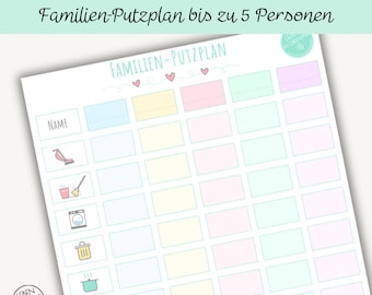 May include: A printable chore chart for families with up to 5 people. The chart has a title that says "Familien-Putzplan bis zu 5 Personen" and "FAMILIEN-PUTZPLAN". The chart has a column for names and rows for different chores, including vacuuming, cleaning, laundry, trash, dishes, and dusting.