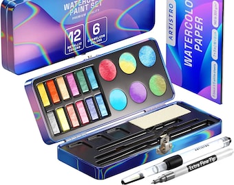 Metallic Watercolor Paints Set of 18, Including 12 Metallic Glitter Watercolor and 6 Chameleon Colors.  Travel Watercolor Set for Artists