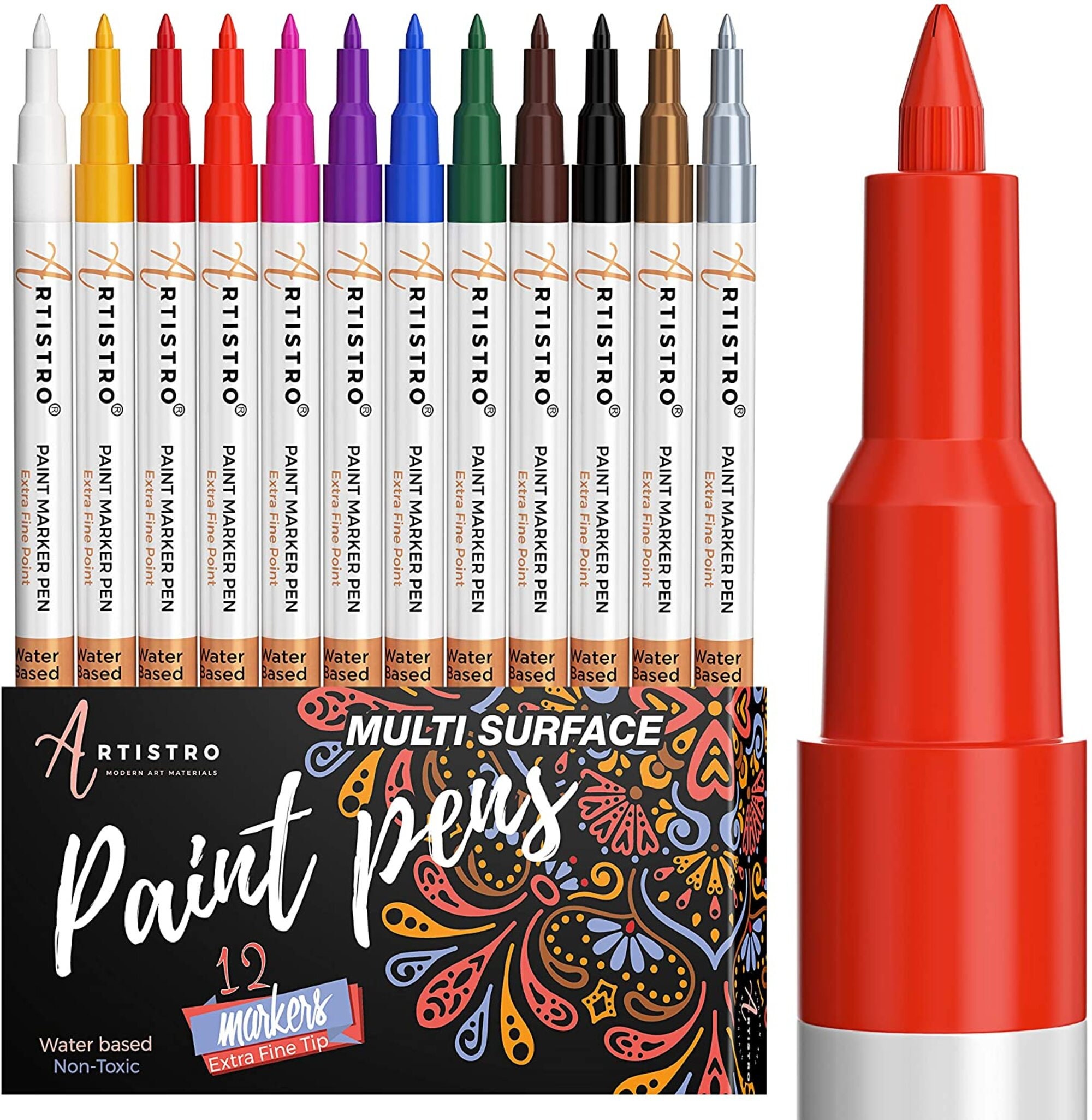 Paint Pens Acrylic Markers Set (12-Color)  For Rock Painting Glass Wood  Porcelain Ceramic Fabric Paper Kindness Rocks Mugs Calligraphy Unique Arts  and Crafts Supplies (Extra Fine Point)