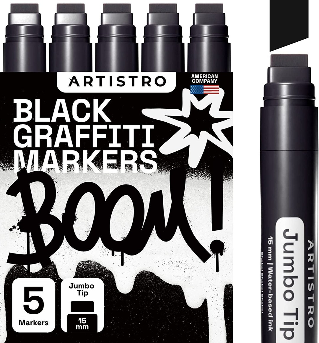 Graffiti Markers, 5 Jumbo Black Markers, 15mm Jumbo Felt Tip, Acrylic