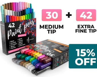 72 Acrylic Artistro Paint Pens | 42 Extra Fine Tip Markers + 30 Medium Tip Markers for Rock, Wood, Glass, Ceramic Painting